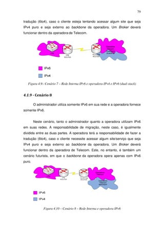79

tradução (6to4), caso o cliente esteja tentando acessar algum site que seja
IPv4 puro e seja externo ao backbone da operadora. Um Broker deverá
funcionar dentro da operadora de Telecom.




   Figura 4.9– Cenário 7 – Rede Interna IPv6 e operadora IPv4 e IPv6 (dual-stack)


4.1.9 - Cenário 8

        O administrador utiliza somente IPv6 em sua rede e a operadora fornece
somente IPv6.


        Neste cenário, tanto o administrador quanto a operadora utilizam IPv6
em suas redes. A responsabilidade de migração, neste caso, é igualmente
dividida entre as duas partes. A operadora terá a responsabilidade de fazer a
tradução (6to4), caso o cliente necessite acessar algum site/serviço que seja
IPv4 puro e seja externo ao backbone da operadora. Um Broker deverá
funcionar dentro da operadora de Telecom. Este, no entanto, é também um
cenário futurista, em que o backbone da operadora opera apenas com IPv6
puro.




              Figura 4.10 – Cenário 8 – Rede Interna e operadora IPv6
 