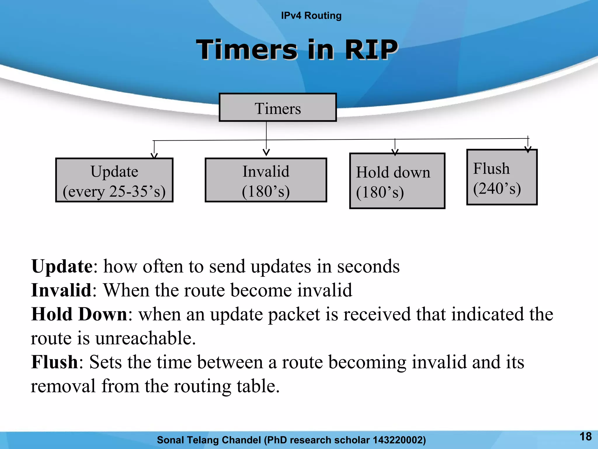 Timers in RIPTimers in RIP
Timers
Invalid
(180’s)
Hold down
(180’s)
Update
(every 25-35’s)
Update: how often to send updates in seconds
Invalid: When the route become invalid
Hold Down: when an update packet is received that indicated the
route is unreachable.
Flush: Sets the time between a route becoming invalid and its
removal from the routing table.
IPv4 Routing
Flush
(240’s)
18Sonal Telang Chandel (PhD research scholar 143220002)
 