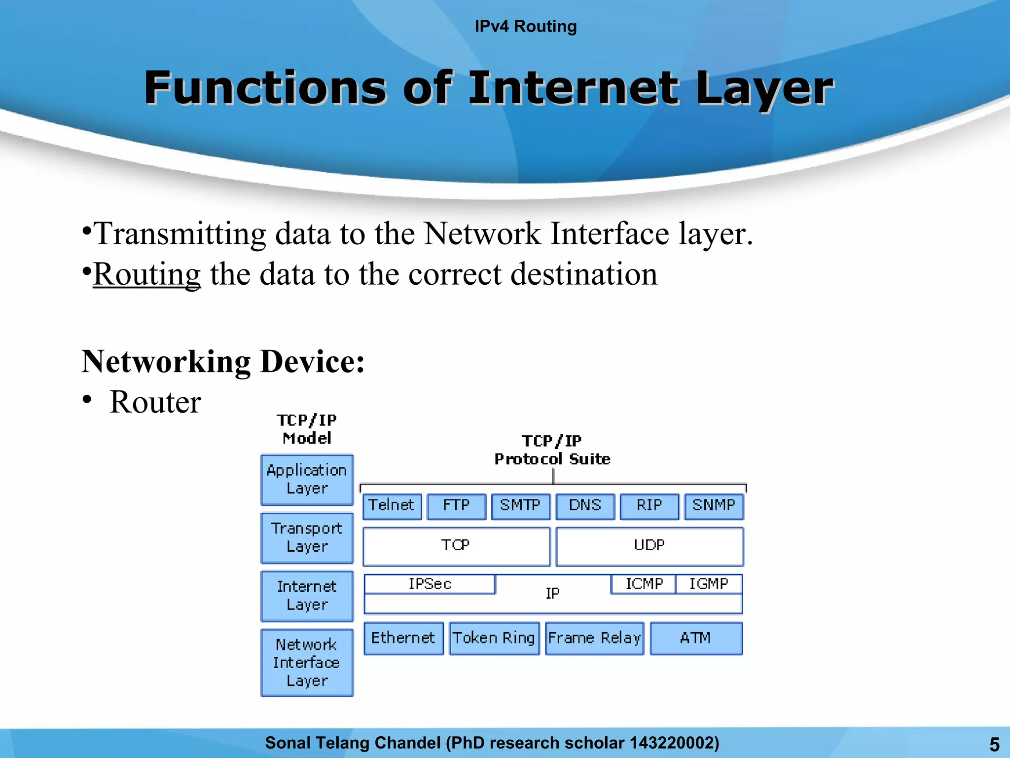 Functions of Internet LayerFunctions of Internet Layer
•Transmitting data to the Network Interface layer.
•Routing the data to the correct destination
Networking Device:
• Router
IPv4 Routing
5Sonal Telang Chandel (PhD research scholar 143220002)
 
