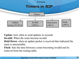 Timers in RIPTimers in RIP
Timers
Invalid
(180’s)
Hold down
(180’s)
Update
(every 25-35’s)
Update: how often to send updates in seconds
Invalid: When the route become invalid
Hold Down: when an update packet is received that indicated the
route is unreachable.
Flush: Sets the time between a route becoming invalid and its
removal from the routing table.
IPv4 Routing
Flush
(240’s)
18Sonal Telang Chandel (PhD research scholar 143220002)
 