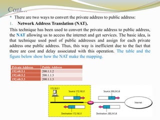 Cont...
 There are two ways to convert the private address to public address:
1. Network Address Translation (NAT).
This technique has been used to convert the private address to public address,
the NAT allowing us to access the internet and get services. The basic idea, is
that technique used pool of public addresses and assign for each private
address one public address. Thus, this way is inefficient due to the fact that
there are cost and delay associated with this operation. The table and the
figure below show how the NAT make the mapping.
Private Address Public Address
192.68.5.1 200.1.1.2
192.68.5.2 200.1.1.3
192.68.5.3 200.1.1.3
 