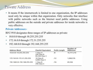 Private Address
 It means If the internetwork is limited to one organization, the IP addresses

need only be unique within that organization. Only networks that interface
with public networks such as the Internet need public addresses. Using
public addresses on the outside and private addresses for inside networks is
very effective.
Private Addresses:RFC1918 designates three ranges of IP addresses as private:
 10.0.0.0 through 10.255.255.255
 172.16.0.0 through 172.31.255.255
 192.168.0.0 through 192.168.255.255

 