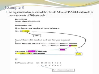 Example 8
 An organization has purchased the Class C Address 195.5.20.0 and would to

create networks of 50 hosts each.

 