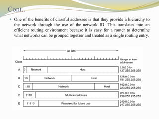 Cont.. 
 One of the benefits of classful addresses is that they provide a hierarchy to 
the network through the use of the network ID. This translates into an 
efficient routing environment because it is easy for a router to determine 
what networks can be grouped together and treated as a single routing entry. 
 