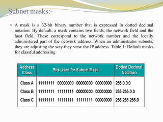 Subnet masks:- 
 A mask is a 32-bit binary number that is expressed in dotted decimal 
notation. By default, a mask contains two fields, the network field and the 
host field. These correspond to the network number and the locally 
administered part of the network address. When an administrator subnets, 
they are adjusting the way they view the IP address. Table 1: Default masks 
for classful addressing 
 