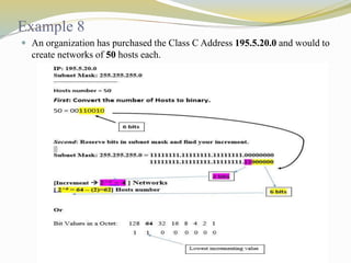 Example 8 
 An organization has purchased the Class C Address 195.5.20.0 and would to 
create networks of 50 hosts each. 
 