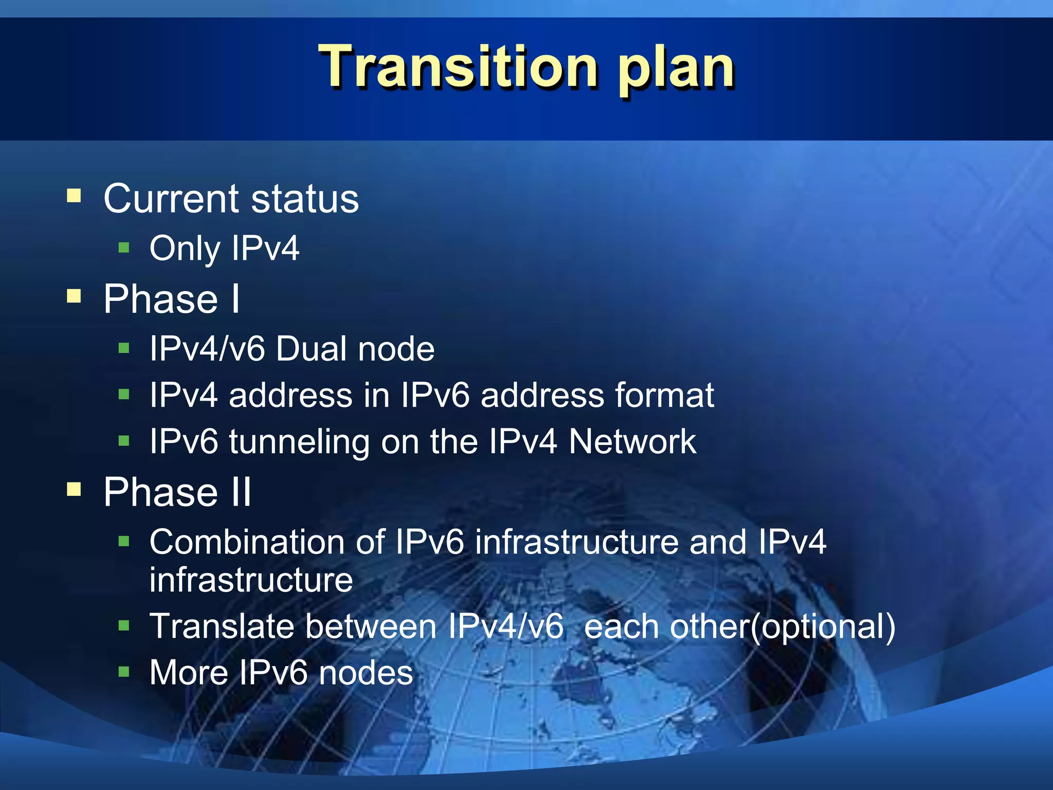 IPv6 multicastAbility to send a single packet to multiple destinationsNo broadcastAbility to send a packet to all hosts on the attached linksame effect can be achieved by sending a packet to the link-local all hosts multicast groupApplicationsTelephony and video conferenceDatabase simultaneous updateParallel computingReal time news