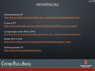 10/10
Endereçamento IP
http://www.infoescola.com/redes-de-computadores/enderecamento-ip/
O que é IP?
http://www.techtudo.com.br/artigos/noticia/2012/05/o-que-e-ip.html
Comparação entre IPv4 e IPv6
http://www.ibm.com/support/knowledgecenter/pt/ssw_ibm_i_72/rzai2/rzai2compipv4ipv6.htm
Redes IPv4 e IPv6
http://www.teleco.com.br/tutoriais/tutorialredeip1/pagina_3.asp
Endereçamento IP
http://ipv6.br/post/enderecamento/
 