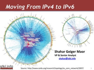 Moving From IPv4 to IPv6




  Your Text here                                                                            Your Text here




                                                                       Shahar Geiger Maor
                                                                       VP & Senior Analyst
                                                                               shahar@stki.info



           Source: http://www.caida.org/research/topology/as_core_network/2007/
       Shahar Maor’s work Copyright 2009 @STKI Do not remove source or attribution from any graphic or portion of graphic   1
 