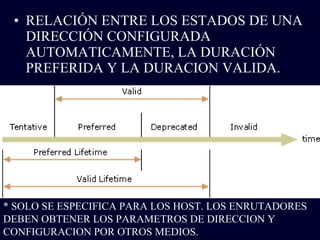 RELACIÓN ENTRE LOS ESTADOS DE UNA DIRECCIÓN CONFIGURADA AUTOMATICAMENTE, LA DURACIÓN PREFERIDA Y LA DURACION VALIDA. * SOLO SE ESPECIFICA PARA LOS HOST. LOS ENRUTADORES DEBEN OBTENER LOS PARAMETROS DE DIRECCION Y CONFIGURACION POR OTROS MEDIOS. 