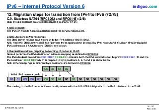 © Peter R. Egli 2016
101/107
Rev. 4.00
IPv6 – Internet Protocol Version 6 indigoo.com
12. Migration steps for transition from IPv4 to IPv6 (72/78)
C.9. Stateless NAT64 (RFC6052 and RFC6145) (2/5):
Step by step explanation of stateless NAT64 scenario 1 (1/2):
1. DNS request:
The IPv6-only node A makes a DNS request for server.indigoo.com.
2. DNS A record server response:
The DNS server returns an A record with the IPv4 address 198.51.100.2.
N.B.: Here the DNS server could itself perform the mapping done in step 3 by IPv6 node A and return an already mapped
IPv6 address as a AAAA record (DNS64, see below).
3. Destination address mapping, forwarding of packet to XLAT:
Node A performs the IPv6 destination address mapping as defined in RFC6052.
The IPv6 destination address 2001:DB8:1C6:3364:2:: contains both the IPv6 network specific prefix 2001:DB8:1/40 and the
IPv4 address 198.51.100.2 which is mapped to byte positions 5, 6, 7 and 9 as show below.
N.B.: Other mappings to different byte positions are defined in RFC6052.
The routing in the IPv6 network forwards all packets with the 2001:DB8:1/40 prefix to the IPv6 interface of the XLAT.
20 01 0D B8 01 C6 33 64 00 02 00 00 00 00 00 00
C6 33 64 02
40 bit IPv6 network prefix
 