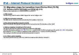 © Peter R. Egli 2016
104/107
Rev. 4.00
IPv6 – Internet Protocol Version 6 indigoo.com
12. Migration steps for transition from IPv4 to IPv6 (75/78)
C.9. Stateless NAT64 (RFC6052 and RFC6145) (5/5):
Step by step explanation of stateless NAT64 scenario 2:
1. DNS request:
The IPv4-only node B makes a DNS request for server.indigoo.com.
2. DNS A record server response:
The DNS server returns an A record with the IPv4 address 192.0.2.33.
3. IPv4 packet forwarding of packet to XLAT:
Node B sends the IPv4 packet through the IPv4 network to the IPv4 interface of the XLAT.
4. Address mapping, forwarding to IPv6 node A:
The XLAT performs the address mapping as defined in RFC6052.
The IPv6 destination address 2001:DB8:1C0:2:21:: contains both the IPv6 network specific prefix 2001:DB8:1/40 and the
IPv4 address 192.0.2.21 which is mapped to byte positions 5, 6, 7 and 9 in the IPv6 address.
The routing in the IPv6 network forwards the packet to node B.
5. & 6. Return packet mapping:
The return packet sent by node A to node B is treatet as described in scenario 1.
 