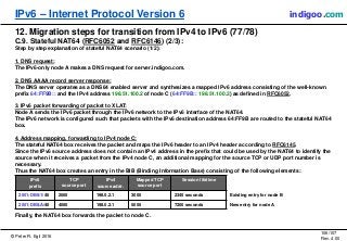 © Peter R. Egli 2016
106/107
Rev. 4.00
IPv6 – Internet Protocol Version 6 indigoo.com
12. Migration steps for transition from IPv4 to IPv6 (77/78)
C.9. Stateful NAT64 (RFC6052 and RFC6146) (2/3):
Step by step explanation of stateful NAT64 scenario (1/2):
1. DNS request:
The IPv6-only node A makes a DNS request for server.indigoo.com.
2. DNS AAAA record server response:
The DNS server operates as a DNS64 enabled server and synthesizes a mapped IPv6 address consisting of the well-known
prefix 64:FF9B:: and the IPv4 address 198.51.100.2 of node C (64:FF9B:: 198.51.100.2) as defined in RFC6052.
3. IPv6 packet forwarding of packet to XLAT:
Node A sends the IPv6 packet through the IPv6 network to the IPv6 interface of the NAT64.
The IPv6 network is configured such that packets with the IPv6 destination address 64:FF9B are routed to the stateful NAT64
box.
4. Address mapping, forwarding to IPv4 node C:
The stateful NAT64 box receives the packet and maps the IPv6 header to an IPv4 header according to RFC6145.
Since the IPv6 source address does not contain an IPv4 address in the prefix that could be used by the NAT64 to identify the
source when it receives a packet from the IPv4 node C, an additional mapping for the source TCP or UDP port number is
necessary.
Thus the NAT64 box creates an entry in the BIB (Binding Information Base) consisting of the following elements:
Finally, the NAT64 box forwards the packet to node C.
IPv6
prefix
TCP
source port
IPv4
source addr.
Mapped TCP
source port
Session lifetime
2001:DB8:1/40 2000 198.0.2.1 3000 2345 seconds
2001:DB8:A/40 4000 198.0.2.1 5000 7200 seconds New entry for node A
Existing entry for node B
 