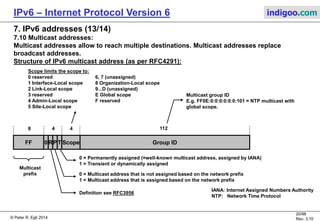 © Peter R. Egli 2016
20/107
Rev. 4.00
IPv6 – Internet Protocol Version 6 indigoo.com
7. IPv6 addresses (12/14)
7.9 IPv6 zone identifier (2/2):
Problem:
Addresses without global scope (interface, local, site) are only unique within their scope.
These addresses may be reused, e.g. an address with link scope may be reused on another
link.
The zone to which a particular IP address pertains is not encoded in the IP address. It must be
rather determined from the context, i.e. from the link over which a packet was received.
Normal IP routing can not determine the destination interface based on the prefix (which is not
unique for link local addresses).
 RFC4007 defines a zone ID that identifies the zone to which an IP address belongs.
Example: FE80::1%1
Configuration of zone identifier:
The configuration of the zone index should be automatic
(avoid manual configuration).
Each link to which an interface is attached has its own
link index which is used as zone index.
Usage of zone identifier:
The zone identifier is specified by the application, e.g.:
ping fe80::511a:886c:a8cc:dc66%11
Host
Host
FE80::1%1
FE80::1%2
FE80::2%1
FE80::1%3
Ethernet
 