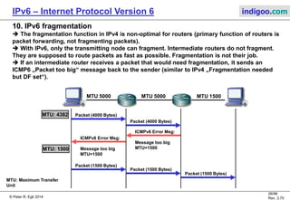 © Peter R. Egli 2016
26/107
Rev. 4.00
IPv6 – Internet Protocol Version 6 indigoo.com
9. IP address assignment with IPv6 (2/2)
9.2. IPv6 Stateful Address Autoconfiguration with DHCPv6 RFC3315
Why stateful address assignment if IPv6 provides unique IP addresses for each interface?
 No DNS server and default gateway provided with stateless address autoconfiguration
 Centrally administered IP prefix
 Legal and forensic requirements (which computer used which IP addresses when, logging)
1
Router solicitation RS
(ICMPv6)
2 Router Advertisement (RA, ICMPv6)
with ManagedFlag
4 DAD
DHCPv6 solicitation
DHCPv6 advertisement
DHCPv6 request
DHCPv6 confirm
6
5
7
8
DHCP server
Router solicitation is the standard mechanism to get an IP address, to be supported by all hosts.
The ManagedFlag tells the host to proceed with DHCPv6 to get a centrally administered IP address.
3
The DHCP client selects
the DHCP server from
multiple servers responses
by evaluating the
DUID field (DHCP Unique
Identifier).
 