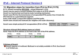 © Peter R. Egli 2016
39/107
Rev. 4.00
IPv6 – Internet Protocol Version 6 indigoo.com
12. Migration steps for transition from IPv4 to IPv6 (10/78)
B.1.1. 6in4 tunneling (RFC4213):
6in4 defines a simple encapsulation mechanism of IPv6 packets in IPv4.
6in4 is very similar to 6over4, but does not require multicast. The tunnels are set up statically
(sometimes 6in4 is called proto-41 static because it uses IPv4 protocol 41 (=IPv6 encapsulation)
along with a static setup of tunnels).
Structure of 6in4 IPv6 address (same as in 6over4):
6in4 node A:
v4A: 16.32.1.1
6in4A: FE80::1020:0101
6in4 tunnel
IPv4 network
6in4 node A:
v4A: 48.64.1.1
6in4A: FE80::3040:0101
Encapsulated 6in4 packet:
V4 src. IP: 16.32.1.1
V4 dst. IP: 48.64.1.1
V6 src. IP: FE80::1020:0101
V6 dst. IP: FE80::3040:0101
10 bits 54 bits 32 bits
FE80 0 IPv4 address0
32 bits
 