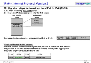 © Peter R. Egli 2016
43/107
Rev. 4.00
IPv6 – Internet Protocol Version 6 indigoo.com
12. Migration steps for transition from IPv4 to IPv6 (14/78)
B.1.3. 6to4 tunneling (RFC3056) (1/3):
6to4 may be used to connect isolated IPv6 islands together or connect IPv6 islands with the IPv6
Internet / Intranet.
Every 6to4 node has a unique 6to4 address.
6to4 nodes use only the IPv6 stack. Only the 6to4 routers are dual stack.
6to4 is a router-to-router tunneling mechanism.
6to4
router
IPv6
subnet
DNSv6
server
IPv4
network
6to4
router
Automatic 6to4 tunnel
IPv6
subnet
DNS AAAA request:
host.indigoo.com
v4A: 16.32.1.1 v4A: 48.64.1.2
v6A: Yv6A: X IPv6-only node:
6to4A: 2002:3040:0102:2::1
DNS: host.indigoo.com
IPv6-only node:
6to4A: 2002:1020:0101:1::1
DNS AAAA response:
2002:3040:0102:2::1
6to4 packet:
V6 src. IP: 2002:1020:0101:1::1
V6 dst. IP: 2002:3040:0102:2::1
6to4 router encapsulates the IPv6
packet with dest. IPv4 = v4 address
in dest. 6to4 IPv6 address:
V4 src. IP: 16.32.1.1
V4 dst. IP: 48.64.1.2
V6 src. IP: 2002:1020:0101:1::1
V6 dst. IP: 2002:3040:0102:2::1
6to4 packet:
V6 src. IP: 2002:1020:0101:1::1
V6 dst. IP: 2002:3040:0102:2::1
Key:
6to4A: 6to4 IPv6 address
v6A: Native IPv6 address
v4A: IPv4 address
 