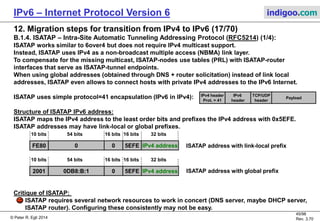 © Peter R. Egli 2016
45/107
Rev. 4.00
IPv6 – Internet Protocol Version 6 indigoo.com
IPv4
network
12. Migration steps for transition from IPv4 to IPv6 (16/78)
B.1.3. 6to4 tunneling (RFC3056) (3/3):
A 6to4 relay router may be added to connect isolated 6to4 hosts to IPv6-only hosts (IPv6 Internet):
6to4
router
IPv6
subnet
DNSv6
server
6to4 relay
router
Automatic 6to4 tunnel
IPv6
subnet
DNS AAAA request:
host.indigoo.com
v4A: 16.32.1.1 v4A: 48.64.1.2
6to4A: 2002:3040:0102:1::1v6A: X IPv6-only node:
v6A: 2001:0DB8:B:1::1
DNS: host.indigoo.com
IPv6/IPv4 node:
v6A: 2001:0DB8:A:1::1
6to4A: 2002:1020:0101:1::1
DNS AAAA response:
2001:0DB8:B:1::1
6to4 packet:
V6 src. IP: 2002:1020:0101:1::1
V6 dst. IP: 2001:0DB8:B:1::1
Encapsulated 6to4 packet:
V4 src. IP: 16.32.1.1
V4 dst. IP: 48.64.1.2
V6 src. IP: 2002:1020:0101:1::1
V6 dst. IP: 2001:0DB8:B:1::1
6to4 packet:
V6 src. IP: 2002:1020:0101:1::1
V6 dst. IP:2001:0DB8:B:1::1
Routing table entry:
Dst: 2001:0DB8:B:1::1
Next hop: 2002:3040:0102:1::1
Routing table entry:
Dst: 2001:0DB8:B:1::1
Next hop: 2002:3040:0102:1::1
 