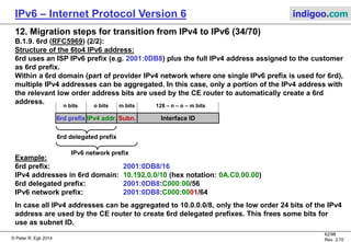© Peter R. Egli 2016
62/107
Rev. 4.00
IPv6 – Internet Protocol Version 6 indigoo.com
12. Migration steps for transition from IPv4 to IPv6 (33/78)
B.1.9. 6rd (RFC5969) (1/2):
6rd (IPv6 rapid deployment) is an extension or improvement of 6to4.
The key difference to 6to4 is that 6rd does not use 2002::/16 address prefixes but IPv6
addresses out of the ISPs IPv6 address space. Therefore 6rd service appears to the customer
as a native IPv6 service.
In contrast to 6to4 where hosts may not be reachable from the IPv6 Internet, 6rd hosts are fully
reachable because 6rd uses real IPv6 prefixes assigned to the ISP.
6rd CE
Customer
IPv6
ISP
IPv4 network
(6rd domain) 6rd BR
Automatic 6rd tunnel
6rd CE router tunnel endpoint:
6rdA: 2001:0DB8:0000:00::1
v4A: 10.0.0.0/10
IPv6 Internet
and / or
IPv6 provider network
Key:
6rdA: 6rd IPv6 address
ISP: Internet Service Provider
v4A: IPv4 address
v6A: IPv6 address
CE: Customer Edge (Router)
BR: Border Relay (Router)
2001:0DB8:0000:0001::1
Customer
IPv6
6rd CE router tunnel endpoint:
6rdA: 2001:0DB8:C000:00::1
v4A: 10.192.0.0/10
IPv6 host:
6rdA: 2001:0DB8:0000:0001::1
IPv6 host:
6rdA: 2001:0DB8:C000:0001::1
6rd BR router tunnel endpoint:
6rdA: 2001:0DB8:8000:00::1
v4A: 10.128.0.0/10
ISP IPv6 prefix IPv4 address
(low order portion)
Subnet ID
IPv6 host:
v6A: 2001:0DB8:B:1::2
 