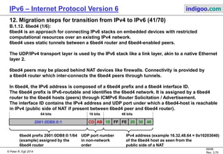 © Peter R. Egli 2016
69/107
Rev. 4.00
IPv6 – Internet Protocol Version 6 indigoo.com
12. Migration steps for transition from IPv4 to IPv6 (40/78)
B.1.11. Dual-Stack Lite (DS-Lite) (3/3):
Step by step explanation of packets passing through the different IPv4 networks:
1. Customer edge router:
The customer edge router (CPE) receives an IPv4 packet and encapsulates it without any address mapping into an IPv6
packet (tunneling).
2. Tunnel termination at CGN router:
The CGN router first terminates the tunnel by decapsulating the IPv4 in IPv6 packet.
3. NAT function at CGN router:
Afterwards the NAT function translates source IP address (192.168.1.10) and TCP port number (12345) to a public IPv4 address
(50.60.70.80) and the source TCP port number 40000.
Finally the packet is sent to the public IPv4 Internet.
 