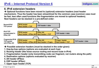 © Peter R. Egli 2016
7/107
Rev. 4.00
IPv6 – Internet Protocol Version 6 indigoo.com
5. The past, the present and the future of IPv6?
 IPv6 efforts began in the early 90ies.
 Where is IPv5?
IP protocol version 5 was already assigned to another protocol (ST: Streaming protocol for
real-time traffic over the Internet). Initially IPv6 efforts ran under the name IPng (next
generation IP). One of the predecessors of IPv6 was called SIPP (Simple IP Plus).
 IPng was the predecessor of IPv6 and consisted of 3 proposals:
CATNIP: „Common Architecture for Next Gen. Internet Protocol“, created commonality
between Internet (IPv4, TCP, UDP), OSI (CLNP) and Novell (IPX).
TUBA: „TCP and UDP Using Bigger Addresses“ using OSI‘s CLNP.
SIPP: „Simple IP Plus“, removed IPv4 functions that did not work, increased address size to
64bit.
A revised version of SIPP (128bit addresses, auto-configuration) was chosen as the basis for
IPng which eventually became IPv6. See RFC1752.
 6Bone: IPv6 testbed for the deployment of IPv6.
 IPv6 is still not widely deployed (as of 2012). IPv6 adoption rate is still very low. But recent
activities show that adoption rate is picking up speed (IPv6 day, permanent IPv6 reachability
availability of well known web sites like google.
Mobility (mobile devices) may be a real driver for the adoption of IPv6 (killer application).
 