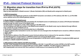 © Peter R. Egli 2016
71/107
Rev. 4.00
IPv6 – Internet Protocol Version 6 indigoo.com
12. Migration steps for transition from IPv4 to IPv6 (42/78)
B.1.12. 6bed4 (2/6):
6bed4 scenario 1: 6bed4 peer obtains 6bed4 prefix and interface ID from 6bed4 router:
Public IPv4
network
IPv6
stack
1
2
3
host0.terzana.ch
v4A: 192.168.1.1 (private IP address)
v6A: 2001:0DB8:0:1:CDAB:
10FF:FE20::3040 (public IPv6 address)
4
6bed4
tunnel
UDP /
IPv4
DHCPv4
server
V4 NAT
router
v4A: 32.48.64.80
v6A: 2001:0DB8::1
6bed4 peer (host) Private IPv4
network
6bed4 tunnel
DHCPv4
transaction:
• IPv4 address
• IPv4 DNS server
• IPv4 Default GW
Tunneled Router Solicitation:
V6 src. IP: FE80::xyz
V6 dst. IP: FF02::2 (all local router multicast address)
V4 src. IP / UDP: 192.168.1.1 / 25790
V4 dst. IP / UDP: 32.48.64.80 / 25790
6bed4
router
NAT-mapped Router Solicitation:
V6 src. IP: FE80::xyz
V6 dst. IP: FF02::2 (all local router multicast address)
V4 src. IP / UDP: 16.32.48.64 / 43981 (=0xABCD, mapped)
V4 dst. IP / UDP: 32.48.64.80 / 25790
v4A: 16.32.48.64/32
(public IPv4 address)
Router Advertisement:
V6 src. IP: 2001:0DB8:0:1::1
V6 dst. IP: FE80::CDAB:10FF:FE20:3040
V4 src. IP / UDP: 32.48.64.80 / 25790
V4 dst. IP / UDP: 16.32.48.64 / 43981 (=0xABCD, mapped)
6bed4 prefix = 2001:0DB8:0:1
5
Router Advertisement:
V6 src. IP: 2001:0DB8:0:1::1
V6 dst. IP: FE80::CDAB:10FF:FE20:3040
V4 src. IP / UDP: 32.48.64.80 / 25790
V4 dst. IP / UDP: 192.168.1.1 / 25790
6bed4 prefix = 2001:0DB8:0:1
2
RS
5
RA
6
RS
7
RA
 