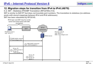 © Peter R. Egli 2016
76/107
Rev. 4.00
IPv6 – Internet Protocol Version 6 indigoo.com
12. Migration steps for transition from IPv4 to IPv6 (47/78)
B.1.13. 4rd (RFC7600) (1/8):
4rd (IPv4 Residual Deployment) is a mechanism for providing IP service to isolated IPv4
islands over a provider’s IPv6 network. Thus, 4rd is the opposite of 6rd where IPv6 service is
provided over an IPv4 network.
4rd becomes relevant when there will be networks that no longer support IPv4 but only IPv6.
4rd classifies as a tunneling mechanism even though it does not encapsulate full IPv4 packets
in a IPv6 packet. 4rd translates the IPv4 header into the IPv6 header, i.e. the IPv4 addresses are
mapped into IPv6 addresses (as opposed to 6rd which fully encapsulates IPv6 in IPv4).
Customer
IPv4
networkIPv4 node
CE router
(Customer
Edge)
4rd domain
(ISP IPv6
network)
IPv4
Internet
IPv6
Internet
BR
(Border Relay)
4rd domain = ISP-operated IPv6
network providing 4rd service
on CE and BR routers
Advertise IPv4-IPv6
mapping rules
 