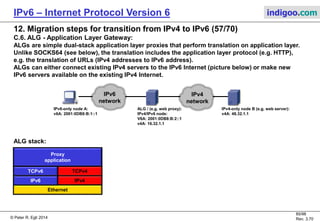 © Peter R. Egli 2016
85/107
Rev. 4.00
IPv6 – Internet Protocol Version 6 indigoo.com
12. Migration steps for transition from IPv4 to IPv6 (56/78)
C.2. SIIT - Stateless IP/ICMP Translation (RFC2765) (1/3):
SIIT is similar to NAT-PT but does not translate port numbers. The translation is stateless (no address
pools with stored mappings between IPv4 and IPv6 addresses).
SIIT has been obsoleted by RFC6145.
IPv4
network
SIIT
IPv6 layer and SIIT may be on the
same host (dual stack with SIIT,
see below)
V6 src. IP:
::FFFF:0:16.32.1.1
V6 dst. IP:
::FFFF:48.64.1.1
IP4-only node B:
v4A: 48.64.1.1
DNS: host.indigoo.com
DNSv6 server
DNS AAAA request:
host.indigoo.com
DNS AAAA response:
::FFFF:0:48.64.1.1
V4 src. IP:
16.32.1.1
V4 dst. IP:
48.64.1.1
1
2
3
4
IPv6/IPv4 node A:
v4A: 16.32.1.1
 