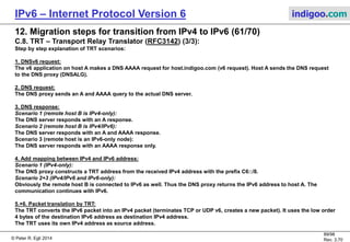 © Peter R. Egli 2016
89/107
Rev. 4.00
IPv6 – Internet Protocol Version 6 indigoo.com
12. Migration steps for transition from IPv4 to IPv6 (60/78)
C.3. BIS - Bump In the Stack (RFC2767) (2/3):
BIS scenario 1: Remote host B is an IPv4 / IPv6 node
IPv6
network
IPv4 appl.
IPv6/IPv4 node B:
v6A: ::FFFF.48.64.1.1
v4A: 48.64.1.1
DNS: host.indigoo.comDNSv6 serverDNSv4 request:
host.indigoo.com
DNS AAAA response:
AAAA ::FFFF.48.64.1.1
A 48.64.1.1
1
2
3
IPv6/IPv4 node A:
v4A: 16.32.1.1
Ext. name
resolver
Addr. mapper
+ translator
IPv6
Intercept A request, convert to
A and AAAA request:
host.indigoo.com
Address map:
IPv6 addr.  IPv4 addr.
::FFFF.48.64.1.1  48.64.1.1
::FFFF:0.16.32.1.1  16.32.1.1
Add mapping to address map:
::FFFF.48.64.1.1  48.64.1.1
IPv4
4 DNS A response:
48.64.1.1
5
Appl. packet
V4 src. IP:
16.32.1.1
V4 dst. IP:
48.64.1.1
IPv4
addr.
pool
6
7
V6 src. IP:
::FFFF:0:16.32.1.1
V6 dst. IP:
::FFFF:48.64.1.1
 