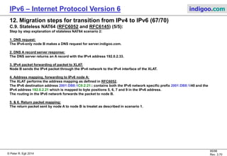© Peter R. Egli 2016
95/107
Rev. 4.00
IPv6 – Internet Protocol Version 6 indigoo.com
12. Migration steps for transition from IPv4 to IPv6 (66/78)
C.7. SOCKS64 (RFC1928 / RFC3089):
RFC1928 defines the SOCKS protocol for IPv4 and IPv6. It allows hosts to traverse firewalls
similar to ALG. Unlike ALGs, SOCKS gateways perform only TCP / UDP protocol termination and
address translation.
RFC3089 makes use of the SOCKS protocol to provide circuit layer translation between IPv4 and IPv6.
Unlike ALG, the SOCKS64 translation is application-protocol agnostic (e.g. no URL translation for
HTTP).
In SOCKS64, DNS name resolution is delegated to the SOCKS gateway.
SOCKS64 protocol stack:
SOCKS64
TCP4TCP6
IPv4IPv6
TCP4
IPv4
TCP6
IPv6
IPv6
network
IPv4
network
 