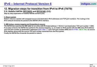 © Peter R. Egli 2016
98/107
Rev. 4.00
IPv6 – Internet Protocol Version 6 indigoo.com
12. Migration steps for transition from IPv4 to IPv6 (69/78)
C.8. TRT – Transport Relay Translator (RFC3142) (3/3):
Step by step explanation of TRT scenarios:
1. DNSv6 request:
The v6 application on host A makes a DNS AAAA request for host.indigoo.com (v6 request). Host A sends the DNS request
to the DNS proxy (DNSALG).
2. DNS request:
The DNS proxy sends an A and AAAA query to the actual DNS server.
3. DNS response:
Scenario 1 (remote host B is IPv4-only):
The DNS server responds with an A response.
Scenario 2 (remote host B is IPv4/IPv6):
The DNS server responds with an A and AAAA response.
Scenario 3 (remote host is an IPv6-only node):
The DNS server responds with an AAAA response only.
4. Add mapping between IPv4 and IPv6 address:
Scenario 1 (IPv4-only):
The DNS proxy constructs a TRT address from the received IPv4 address with the prefix C6::/8.
Scenario 2+3 (IPv4/IPv6 and IPv6-only):
Obviously the remote host B is connected to IPv6 as well. Thus the DNS proxy returns the IPv6 address to host A. The
communication continues with IPv6.
5.+6. Packet translation by TRT:
The TRT converts the IPv6 packet into an IPv4 packet (terminates TCP or UDP v6, creates a new packet). It uses the low order
4 bytes of the destination IPv6 address as destination IPv4 address.
The TRT uses its own IPv4 address as source address.
 
