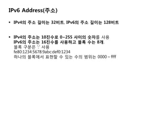 IPv6 Address(??)

? IPv4? ?? ??? 32??, IPv6? ?? ??? 128??


? IPv4? ??? 10??? 0~255 ??? ??? ??
  IPv6? ??? 16??? ???? ?? ?? 8?.
  ?? ??? : ??
  fe80:1234:5678:9abc:def0:1234
  ??? ???? ??? ? ?? ?? ??? 0000ffff
 