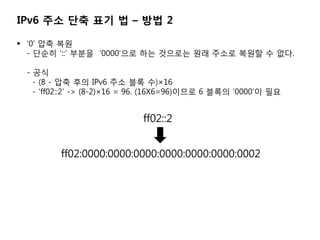 IPv6 ?? ?? ?? ? C ?? 2

? 0 ?? ??
  - ??? :: ??? 0000?? ?? ???? ?? ??? ??? ? ??.

 - ??
   - (8 - ?? ?? IPv6 ?? ?? ?)16
   - ff02::2 -> (8-2)16 = 96. (16X6=96)??? 6 ??? 0000? ??


                            ff02::2


         ff02:0000:0000:0000:0000:0000:0000:0002
 