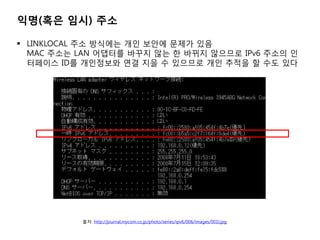 ??(?? ??) ??

? LINKLOCAL ?? ???? ?? ??? ??? ??
  MAC ??? LAN ???? ??? ?? ? ??? ???? IPv6 ??? ?
  ???? ID? ????? ?? ?? ? ???? ?? ??? ? ?? ??




           ??: http://journal.mycom.co.jp/photo/series/ipv6/006/images/001l.jpg
 