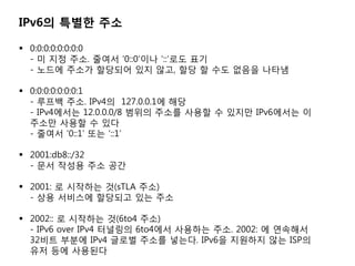 IPv6? ??? ??

? 0:0:0:0:0:0:0:0
  - ? ?? ??. ??? 0::0?? ::?? ??
  - ??? ??? ???? ?? ??, ?? ? ?? ??? ???

? 0:0:0:0:0:0:0:1
  - ??? ??. IPv4? 127.0.0.1? ??
  - IPv4??? 12.0.0.0/8 ??? ??? ??? ? ??? IPv6??? ?
  ??? ??? ? ??
  - ??? 0::1 ?? ::1

? 2001:db8::/32
  - ?? ??? ?? ??

? 2001: ? ???? ?(sTLA ??)
  - ?? ???? ???? ?? ??

? 2002:: ? ???? ?(6to4 ??)
  - IPv6 over IPv4 ???? 6to4?? ???? ??. 2002: ? ????
  32?? ??? IPv4 ??? ??? ???. IPv6? ???? ?? ISP?
  ?? ?? ????
 