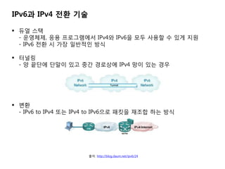IPv6? IPv4 ?? ??

? ?? ??
  - ????, ?? ?????? IPv4? IPv6? ?? ??? ? ?? ??
  - IPv6 ?? ? ?? ???? ??

? ???
  - ? ??? ??? ?? ?? ???? IPv4 ?? ?? ??




? ??
  - IPv6 to IPv4 ?? IPv4 to IPv6?? ??? ??? ?? ??




                      ??: http://blog.daum.net/ipv6/24
 