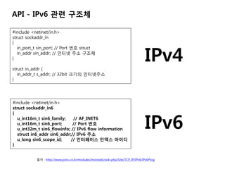 API - IPv6 ?? ???

#include <netinet/in.h>
struct sockaddr_in
{


                                                                                   IPv4
   in_port_t sin_port; // Port ?? struct
   in_addr sin_addr; // ??? ?? ???
}

struct in_addr {
   in_addr_t s_addr; // 32bit ??? ?????
}




#include <netinet/in.h>
struct sockaddr_in6



                                                                                   IPv6
{
  u_int16m_t sin6_family;    // AF_INET6
  u_int16m_t sin6_port;      // Port ??
  u_int32m_t sin6_flowinfo; // IPv6 flow information
  struct in6_addr sin6_addr;// IPv6 ??
  u_long sin6_scope_id;     // ????? ??? ???
}


           ?? : http://www.joinc.co.kr/modules/moniwiki/wiki.php/Site/TCP_IP/IPv6/IPv6Prog
 