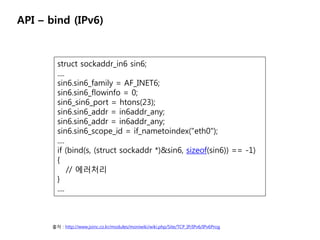 API C bind (IPv6)



        struct sockaddr_in6 sin6;
        ....
        sin6.sin6_family = AF_INET6;
        sin6.sin6_flowinfo = 0;
        sin6_sin6_port = htons(23);
        sin6.sin6_addr = in6addr_any;
        sin6.sin6_addr = in6addr_any;
        sin6.sin6_scope_id = if_nametoindex("eth0");
        ....
        if (bind(s, (struct sockaddr *)&sin6, sizeof(sin6)) == -1)
        {
             // ????
        }
        ....



      ?? : http://www.joinc.co.kr/modules/moniwiki/wiki.php/Site/TCP_IP/IPv6/IPv6Prog
 