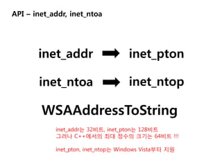 API C inet_addr, inet_ntoa




       inet_addr                    inet_pton

       inet_ntoa                    inet_ntop

        WSAAddressToString
            inet_addr? 32??, inet_pton? 128??
            ??? C++??? ?? ??? ??? 64?? !!!

            inet_pton, inet_ntop? Windows Vista?? ??
 