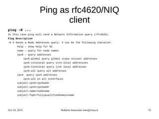 Oct 19, 2015 Roberto Innocente inno@sissa.it 55
Ping as rfc4620/NIQ
client
ping ­N ...
In this case ping will send a Network Information query (rfc4620).
Flag Description
-N X Sends a Node Addresses query. X can be the following character.
help – show help for NI
name – query for node names
ipv6 – query addresses
ipv6-global query global scope unicast addresses
ipv6-sitelocal query site-local addressses
ipv6-linklocal query link local addresses
ipv6-all query all addresses
ipv4 query ipv4 addresses
ipv4-all on all interfaces
subject-ipv6=ipv6addr
subject-ipv4=ipv4addr
subject-name=nodename
subject-fqdn=fullyqualifieddomainname
 
