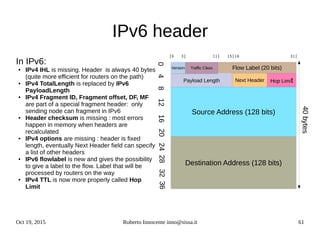 Oct 19, 2015 Roberto Innocente inno@sissa.it 61
IPv6 header
In IPv6:
● IPv4 IHL is missing. Header is always 40 bytes
(quite more efficient for routers on the path)
● IPv4 TotalLength is replaced by IPv6
PayloadLength
● IPv4 Fragment ID, Fragment offset, DF, MF
are part of a special fragment header: only
sending node can fragment in IPv6
● Header checksum is missing : most errors
happen in memory when headers are
recalculated
● IPv4 options are missing : header is fixed
length, eventually Next Header field can specify
a list of other headers
● IPv6 flowlabel is new and gives the possibility
to give a label to the flow. Label that will be
processed by routers on the way
● IPv4 TTL is now more properly called Hop
Limit
Version Traffic Class Flow Label (20 bits)
Payload Length Next Header Hop Limit
Source Address (128 bits)
Destination Address (128 bits)
|0   3|           11|   15|16                     31|
40bytes
04812162024283236
 