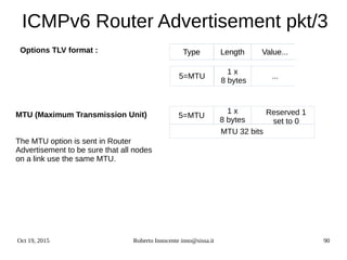 Oct 19, 2015 Roberto Innocente inno@sissa.it 90
ICMPv6 Router Advertisement pkt/3
Type Length Value...Options TLV format : Type Length Value...
5=MTU
1 x
8 bytes
...
5=MTU
1 x
8 bytes
Reserved 1
set to 0
MTU 32 bits
MTU (Maximum Transmission Unit)
The MTU option is sent in Router
Advertisement to be sure that all nodes
on a link use the same MTU.
 