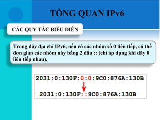 TỔNG QUAN IPv6
CÁC QUY TẮC BIỂU DIỄN


Trong dãy địa chỉ IPv6, nếu có các nhóm số 0 liên tiếp, có thể
đơn giản các nhóm này bằng 2 dấu :: (chỉ áp dụng khi dãy 0
liên tiếp nhau).
 