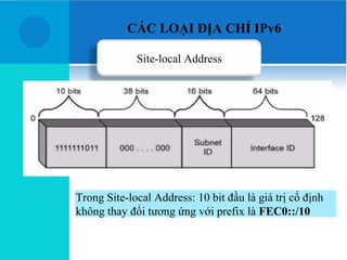 CÁC LOẠI ĐỊA CHỈ IPv6

             Site-local Address




Trong Site-local Address: 10 bit đầu là giá trị cố định
không thay đổi tương ứng với prefix là FEC0::/10
 