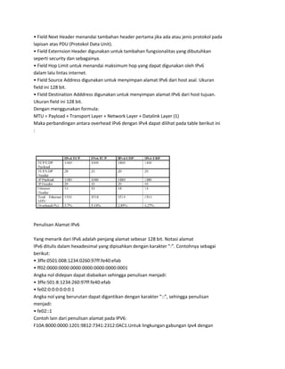 • Field Next Header menandai tambahan header pertama jika ada atau jenis protokol pada
lapisan atas PDU (Protokol Data Unit).
• Field Externsion Header digunakan untuk tambahan fungsionalitas yang dibutuhkan
seperti security dan sebagainya.
• Field Hop Limit untuk menandai maksimum hop yang dapat digunakan oleh IPv6
dalam lalu lintas internet.
• Field Source Address digunakan untuk menyimpan alamat IPv6 dari host asal. Ukuran
field ini 128 bit.
• Field Destination Adddress digunakan untuk menyimpan alamat IPv6 dari host tujuan.
Ukuran field ini 128 bit.
Dengan menggunakan formula:
MTU = Payload + Transport Layer + Network Layer + Datalink Layer (1)
Maka perbandingan antara overhead IPv6 dengan IPv4 dapat dilihat pada table berikut ini
:
Penulisan Alamat IPv6
Yang menarik dari IPv6 adalah penjang alamat sebesar 128 bit. Notasi alamat
IPv6 ditulis dalam hexadesimal yang dipisahkan dengan karakter ”:”. Contohnya sebagai
berikut:
• 3ffe:0501:008:1234:0260:97ff:fe40:efab
• ff02:0000:0000:0000:0000:0000:0000:0001
Angka nol didepan dapat diabaikan sehingga penulisan menjadi:
• 3ffe:501:8:1234:260:97ff:fe40:efab
• fe02:0:0:0:0:0:0:1
Angka nol yang berurutan dapat digantikan dengan karakter ”::”, sehingga penulisan
menjadi:
• fe02::1
Contoh lain dari penulisan alamat pada IPV6:
F10A:B000:0000:1201:9812:7341:2312:0AC1.Untuk lingkungan gabungan Ipv4 dengan
 