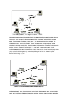 Multicast (one-to-many) yang digunakan untuk komunikasi 1 lawan banyak dengan
menunjuk host dari group. Multicast Address ini pada IPv4 didefinisikan sebagai
kelas D, sedangkan pada IPv6 ruang yang 8 bit pertamanya di mulai dengan "FF"
disediakan untuk multicast Address. Ruang ini kemudian dibagi-bagi lagi untuk
menentukan range berlakunya. Kemudian Blockcast address pada IPv4 yang address
bagian hostnya didefinisikan sebagai "1", pada IPv6 sudah termasuk di dalam
multicast Address ini. Blockcast address untuk komunikasi dalam segmen yang sama
yang dipisahkan oleh gateway, sama halnya dengan multicast address dipilah
berdasarkan range tujuan.
Anycast Address, yang menunjuk host dari group, tetapi packet yang dikirim hanya
pada satu host saja.Pada address jenis ini, sebuah address diberikan pada beberapa
 