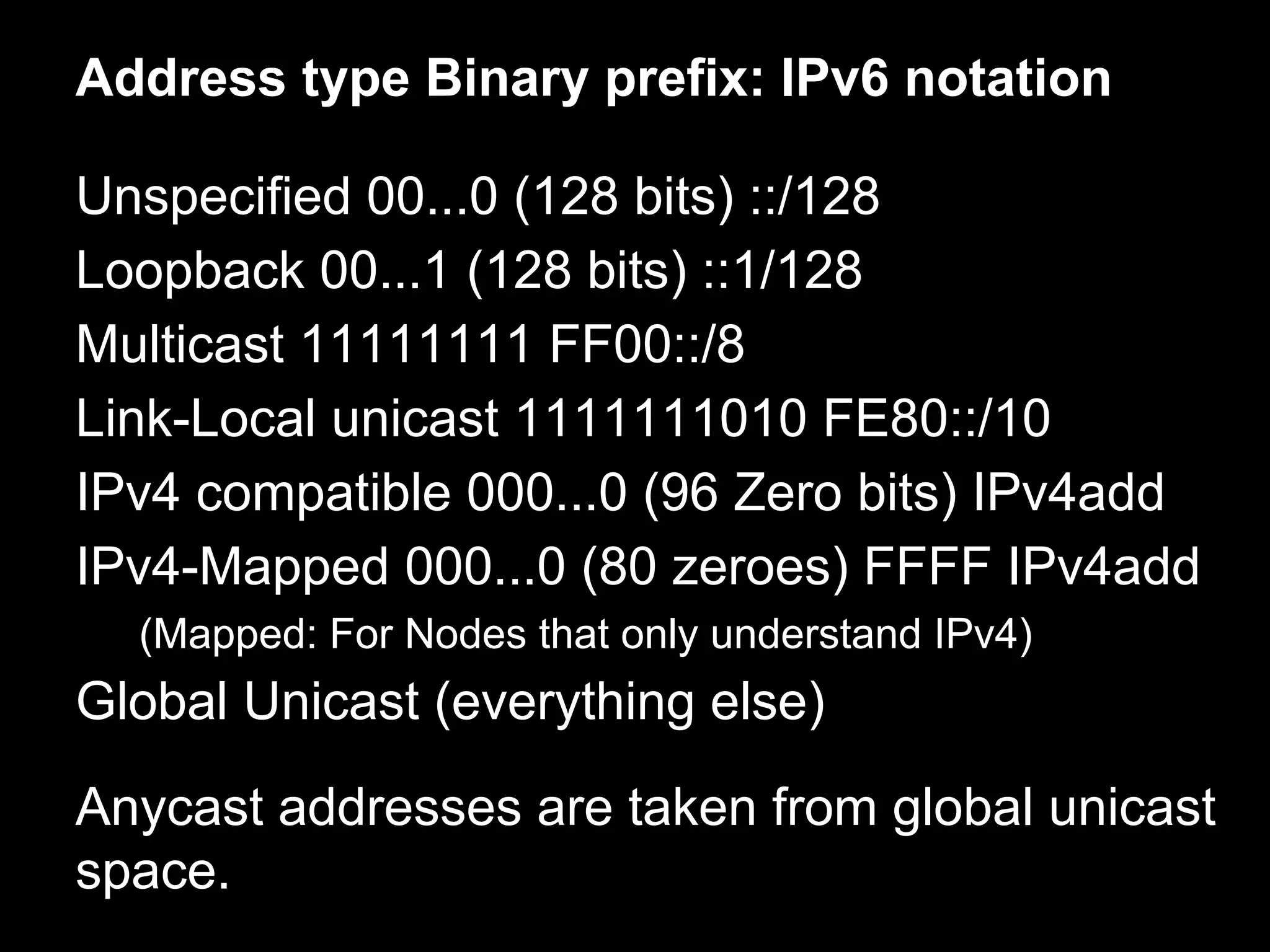 Address type Binary prefix: IPv6 notation
Unspecified 00...0 (128 bits) ::/128
Loopback 00...1 (128 bits) ::1/128
Multicast 11111111 FF00::/8
Link-Local unicast 1111111010 FE80::/10
IPv4 compatible 000...0 (96 Zero bits) IPv4add
IPv4-Mapped 000...0 (80 zeroes) FFFF IPv4add
(Mapped: For Nodes that only understand IPv4)
Global Unicast (everything else)
Anycast addresses are taken from global unicast
space.
 