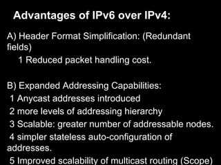 Advantages of IPv6 over IPv4:
A) Header Format Simplification: (Redundant
fields)
1 Reduced packet handling cost.
B) Expanded Addressing Capabilities:
1 Anycast addresses introduced
2 more levels of addressing hierarchy
3 Scalable: greater number of addressable nodes.
4 simpler stateless auto-configuration of
addresses.
5 Improved scalability of multicast routing (Scope)
 