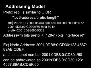 Prefix rep. is similar to CIDR
"ipv6-address/prefix-length"
ex) 2001:0DB8:0000:CD30:0000:0000:0000:0000/60 or
2001:0DB8:0:CD30::/60 for a 60 bit
prefix=20010DB80000CD3
Address="n bits prefix + (128-n) bits interface id"
Ex) Node Address: 2001:0DB8:0:CD30:123:4567:
89AB:CDEF
and its subnet number 2001:0DB8:0:CD30::/60
can be abbreviated as 2001:0DB8:0:CD30:123:
4567:89AB:CDEF/60
Addressing Model
 