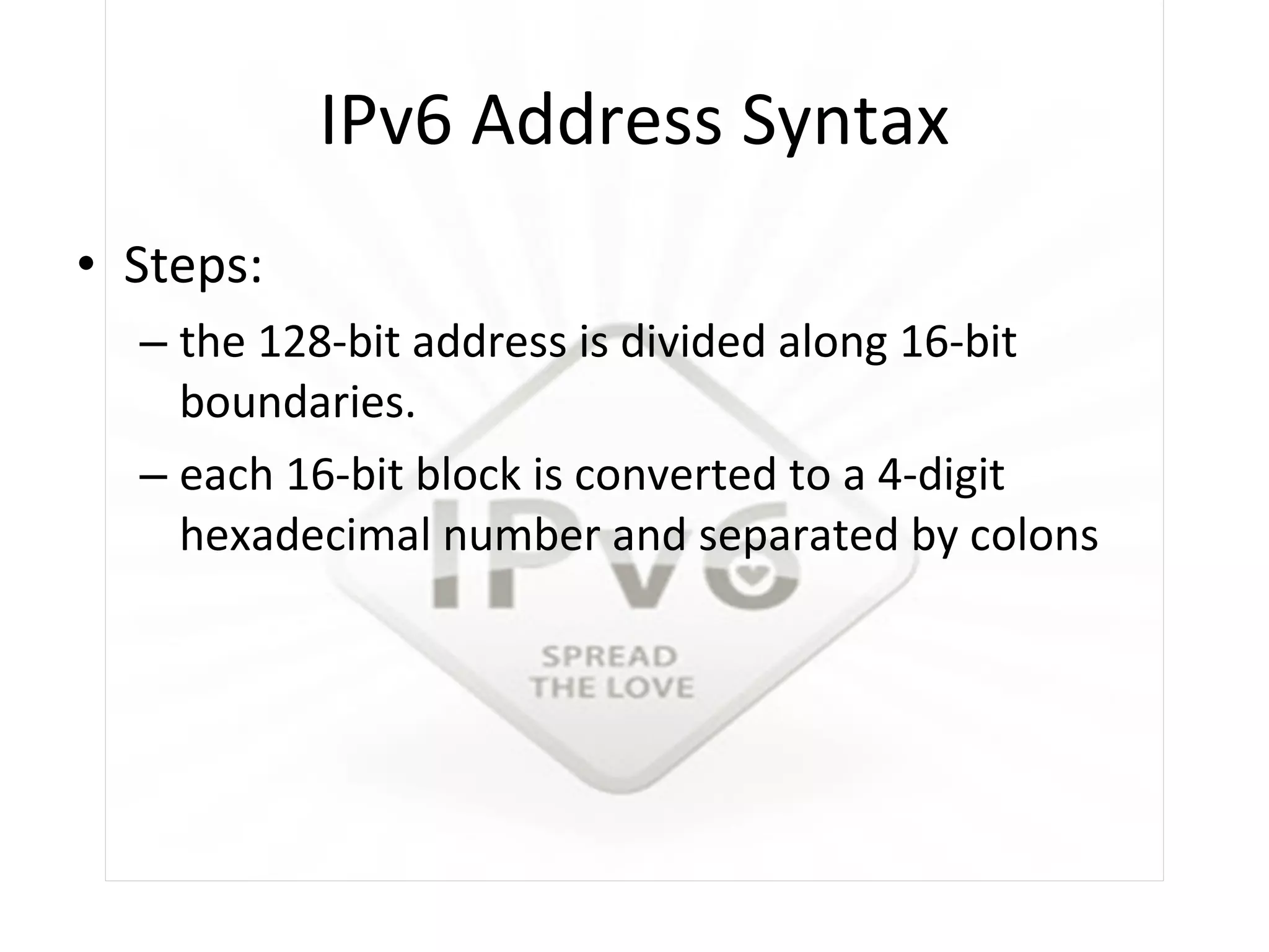 IPv6 Address Syntax Steps: the 128-bit address is divided along 16-bit boundaries. each 16-bit block is converted to a 4-digit hexadecimal number and separated by colons 